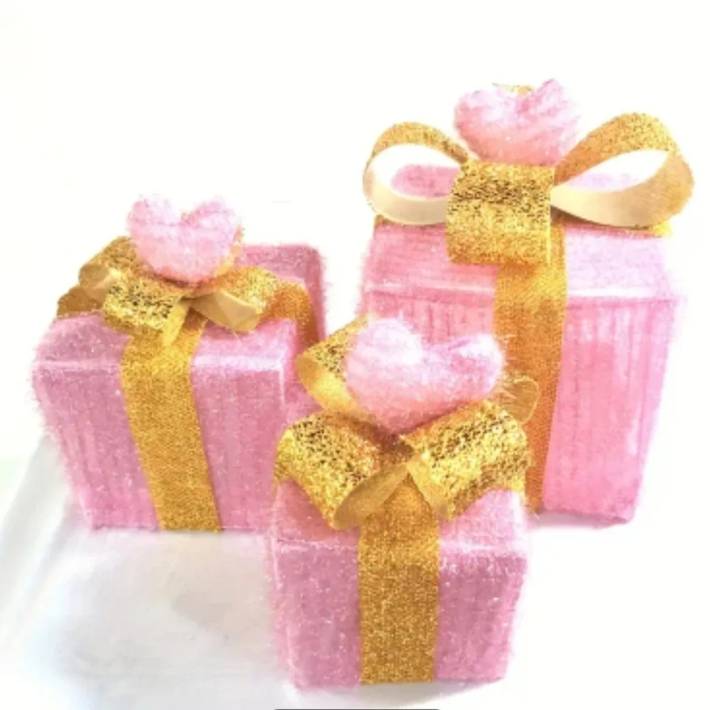 Pink Light-Up Gift Box Set – Heart Topper & Gold Ribbon Valentines Decor